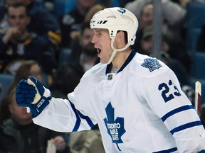 Toronto Maple Leafs centre Brooks Laich celebrates his goal during the second period against the Buffalo Sabres Thursday, March 31, 2016, in Buffalo, N.Y. (THE CANADIAN PRESS/AP, Gary Wiepert)