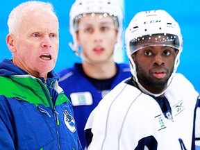 Former Belleville Bulls defenceman Jordan Subban, shown with Vancouver Canucks assistant coach Doug Jarvis, was recently assigned to the AHL Utica ()NY) Comets. (Vancouver Canucks photo)