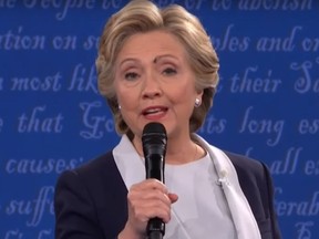 A fly lands on Hillary Clinton's debate during the second presidential debate on Oct. 9, 2016. (Screengrab)