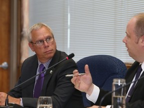 Jason Miller/The Intelligencer
Coun. Jack Miller (left) looks on, as Coun. Paul Carr addresses council during Tuesday's city council meeting.