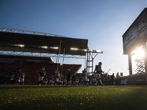Argonauts players leave the field after warm-ups before playing the Redblacks at BMO Field in Toronto on July 13, 2016. The 104th Grey Cup game will be staged in Toronto next month. (Mark Blinch/The Canadian Press/Files)
