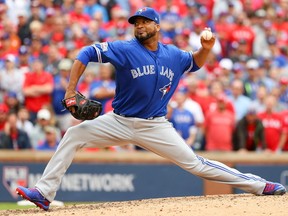 Francisco Liriano of the Toronto Blue Jays delivers pitch against the Texas Rangers in the eighth inning of game two of the American League Divison Series at Globe Life Park in Arlington on October 7, 2016 in Arlington, Texas. (Scott Halleran/Getty Images)