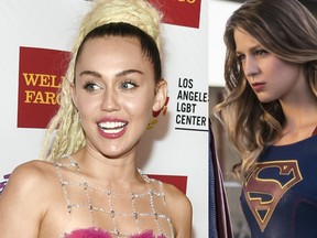 A split image of Miley Cyrus and Melissa Benoist who plays Supergirl. (Photo by Chris Pizzello/Invision/AP & Postmedia Network File)