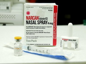 Injectable and nasal forms of Naloxone, which can be used to block the potentially fatal effects of an opioid overdose, are shown Friday, Oct. 7, 2016, at an outpatient pharmacy at the University of Washington. (AP Photo/Ted S. Warren)