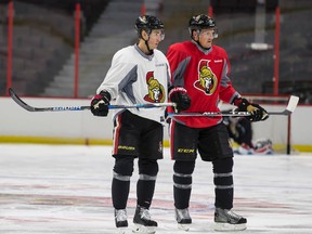 Ottawa Senators Kyle Turris and Dion Phaneuf during practice at the Canadian Tire Centre on Sept. 27, 2016. (Errol McGihon/Postmedia)