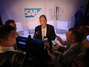 Hank Adams, CEO of Sportvision, speaks to members of the media at the World Cup of Hockey Innovation Summit on Sept. 22, 2016 at the Daniels Spectrum in Toronto. (Dave Sandford/NHLI via Getty Images)