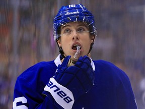 Mitch Marner of the Toronto Maple Leafs looks up to the scoreboard during an NHL pre-season game against the Montreal Canadiens at Air Canada Centre on Oct. 2, 2016 in Toronto. (Vaughn Ridley/Getty Images)