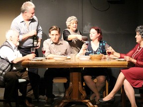 Frank (Harry Houston), Nunzio (Ian Gold), Nick (Jarrett Mills), Aida (Penny Martin), Caitlin (Kassandra Bailey) and Emma (Randi Mraud) gather for Sunday dinner in a scene from Sault Theatre Workshop's production of Over the River and Through the Woods.