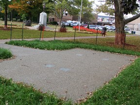 The Sarnia-Lambton LAV III Afghanistan Monument is scheduled to be dedicated in Veteran's Park Oct. 30. This pad of pavement, pictured Oct. 12, marks its planned resting place. (Tyler Kula/Sarnia Observer)