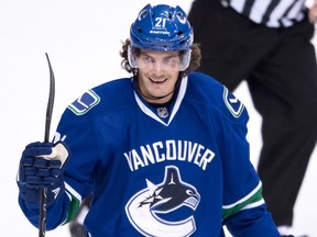 Vancouver Canucks' Loui Eriksson, of Sweden, celebrates his second goal against the Calgary Flames during the third period of a pre-season game in Vancouver on Oct. 6, 2016. (THE CANADIAN PRESS/Darryl Dyck)