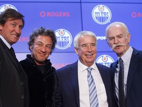 Wayne Gretzky was joined in Wednesday's announcement by Oilers owner Darryl Katz. OEG vice-chairman Bob Nicholson and Hockey Hall of Fame board chairman Lanny McDonald. (Codie McLachlan)
