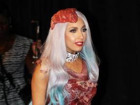 Lady Gaga wears her controversial meat dress, as she arrives in the Press Room after winning eight 2010 MTV Video Music Awards including "Video of the Year" at the Nokia Theater in Los Angeles in this September 12, 2010 file photo. Lady Gaga's famous meat dress has made its way to Washington, DC along with Loretta Lynn's song about "The Pill" and other relics from music history. Lady Gaga's dress from the 2010 MTV Video Music Awards is now dried and painted to restore its raw meat color. Beyond its shock value, though, it's being displayed at the National Museum of Women in the Arts, in Washington with an explanation of her political message. The exhibit "Women Who Rock: Vision, Passion, Power" runs from September 7, 2012 - January 6, 2013. AFP PHOTO / Mark RALSTONMARK RALSTON/AFP/GettyImages