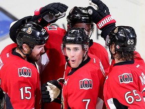 Senators' Kyle Turris celebrates a goal against the Toronto Maple Leafs on Oct. 12 at the Canadian Tire Centre. (Wayne Cuddington, Postmedia Network(