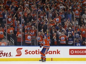 Edmonton's Connor McDavid (97) scores on a penalty shot during the second period of a NHL game between the Edmonton Oilers and the Calgary Flames at Rogers Place in Edmonton, Alberta on Wednesday, October 12, 2016. (Ian Kucerak)