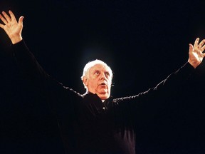 This undated file photo shows Italian playwright and actor Dario Fo on the stage in a theater in Milan, Italy. According to ANSA news agency Fo died on Thursday, Oct. 13, 2016 in Milan at the age of 90. (AP Photo/Massimo Rana, file)