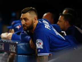Toronto Blue Jays outfielder Kevin Pillar watches from the dugout during the 11th inning of the ALDS' Game 3 in Toronto on Oct. 9, 2016. (Jack Boland/Toronto Sun/Postmedia Network)