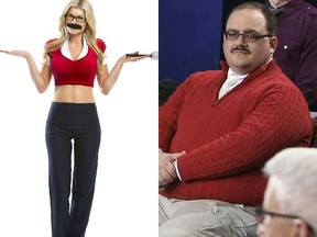 On the left, a woman wearing a sexy Ken Bone costume; on the right is the original sexy Ken Bone. (AP photos)