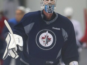 Winnipeg Jets goalie Connor Hellebuyck skates during practice on Wednesday. (Brian Donogh/Winnipeg Sun)