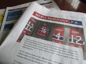 A fan paid for a full-page ad responding to the Montreal Canadiens' trade of P.K. Subban. The ad appeared in the Oct. 13, 2016 edition of the Montreal Gazette. (Phil Carpenter/Montreal Gazette)
