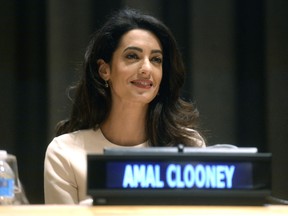Amal Clooney, International human rights lawyer participated on the Appointment Ceremony of Nadia Murad Basee Taha as UNODC Goodwill Ambassador for the Dignity of Survivors of Human Trafficking at the UN Headquarters. (Dennis Van Tine/Future Image/WENN.com)
