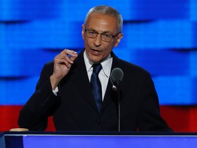 In this July 25, 2016, photo, John Podesta, Clinton campaign chairman, speaks during the first day of the Democratic National Convention in Philadelphia.  (AP Photo/J. Scott Applewhite)