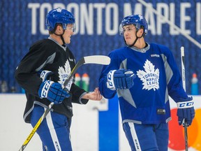 Toronto Maple Leafs Jake Gardiner and Tyler Bozak practise at the MasterCard Centre in Toronto on Oct. 13, 2016. (Ernest Doroszuk/Toronto Sun/Postmedia Network)
