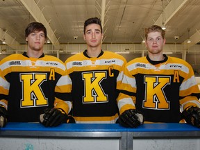 The Kingston Frontenacs have announced their captains for the 2016-17 OHL season. Captain Stephen Desrocher, centre, is flanked by assistant captains Jacob Paquette, left, and Warren Foegele at the Invista Centre after practice on Thursday. (Julia McKay/The Whig-Standard)