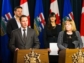 Energy Minister Margaret McCuaig-Boyd and Economic Development and Trade Minister Deron Bilous announce the members of the newly appointed Energy Diversification Advisory Committee,  Co-chair Jeanette Patell, government affairs and policy leader, GE Canada, and Co-chair Gil McGowan, president, Alberta Federation of Labour, on Thursday, October 13, 2016 in Edmonton. Greg Southam / Postmedia