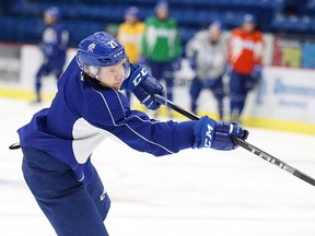 Sudbury Wolves defencemen Owen Lalonde takes a shot during team practice in Sudbury, Ont. on Thursday October 13, 2016. Gino Donato/Sudbury Star/Postmedia Network