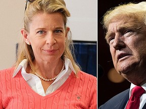 Katie Hopkins, left, came to the defence of Donald Trump, right, in a Daily Mail column. (Getty Images)