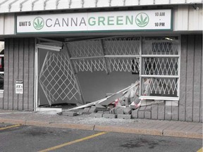 Pictures of CannaGreen marijuana dispensary. Oct. 14 a truck allegedly drove through the front door. THE HOBBY CENTRE / POSTMEDIA
