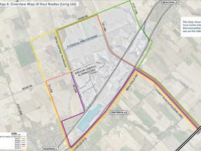 A Walker Environmental map showing six proposed paths for company and customer trucks to take from Hwy. 401 to the landfill site. The likely choice is route 3, which travels up Country Road 6 and then west on a private road (yet to build), as that path would pass fewer residences and use roads already designated for heavy truck traffic.