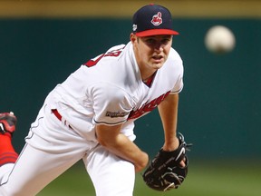 Indians pitcher Trevor Bauer had his Game 2 start against the Blue Jays pushed to Game 3 after he injured his pinkie fixing a drone. (Paul Sancya/AP Photo/Pool/Files)