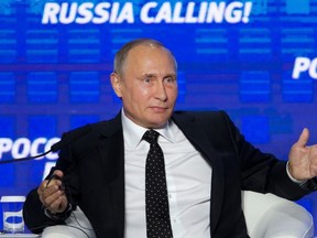 Ivan Sekretarev/The Associated Press
Russian President Vladimir Putin speaks at the eighth annual VTB Capital "Russia Calling!" Investment Forum in Moscow, Russia, on Wednesday. Putin has praised the “stabilization” of the Russian economy but says more can be done to promote growth.