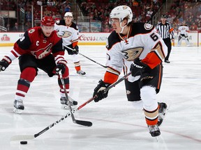 Rickard Rakell of the Anaheim Ducks skates with the puck ahead of Shane Doan of the Arizona Coyotes during the second period of the NHL game at Gila River Arena on March 3, 2016 in Glendale, Arizona. (Christian Petersen/Getty Images)