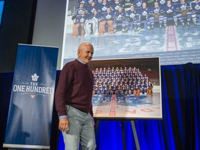 Dave Keon takes his spot on the stage after the Toronto Maple Leafs announced the selection of The One Hundred top Leafs players of all time at the Real Sports Bar & Grill on Oct. 14, 2016. (Ernest Doroszuk/Toronto Sun)