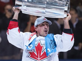 Team Canada's Brad Marchand hoists the trophy after beating Team Europe at the World Cup of Hockey in Toronto on Sept. 29, 2016. (Craig Robertson/Toronto Sun/Postmedia Network)