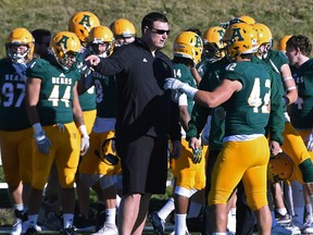 University of Alberta Golden Bears head coach Chris Morris is not happy about being shut out by the UBC Thunderbirds 62 to 0, during football action at Foote Field in Edmonton Saturday, September 24, 2016.