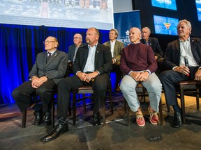 Toronto Maple Leafs alumni after the club announced the selection of The One Hundred top Leafs players of all time at the Real Sports Bar & Grill on Oct. 14, 2016. Front row, from left: Johnny Bower, Wendel Clark, Dave Keon and Darryl Sittler. Back row, from left: Ron Ellis, Paul Henderson and Bob Nevin. (Ernest Doroszuk/Toronto Sun/Postmedia Network)
