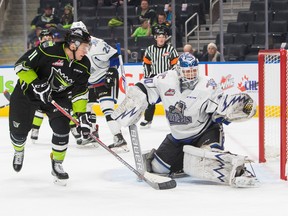 Edmonton Oil Kings forward Adam Berg watches as the puck goes by Victoria Royals goalie Griffen Outhouse during third period WHL action at Rogers Place, in Edmonton October 14, 2016. The Royals won 6-1.