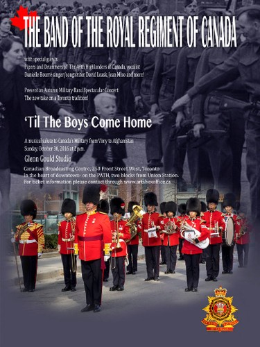 Fans of military music take note, on Sunday, Oct. 30 at 2 p.m. the Band of the Royal Regiment of Canada, accompanied by special guests, the pipers and drummers of the 48th Highlanders of Canada and vocalist Danielle Bourré, will present a military band spectacular ‘Til the Boys Come Home at the CBC’s Glenn Gould Studio, 250 Front St. W.  For tickets visit: band.rregtc.ca/