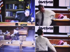 In the video, the judge is seen taking off his robe and joining the scuffle.