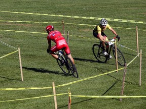 Michael Foley of Milton, Ont. races against Christian Ricci in the spiral portion of the third-annual Riverside Rumble open cyclocross race Saturday in Belleville's Riverside Park. Foley, 17, won. The day's two races were organized by Belleville On Bikes, which promotes cycling in the city.