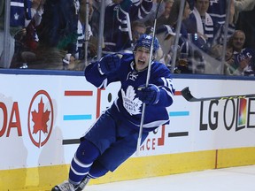 Toronto Maple Leafs forward Mitchell Marner scores during the team's home opener game against the Boston Bruins at the Air Canada Centre in Toronto on Oct. 15, 2016. 9Veronica Henri/Toronto Sun/Postmedia Network)