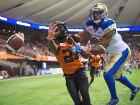 B.C. Lions' Anthony Gaitor, left, reaches for a pass intended for Winnipeg Blue Bombers' Tori Gurley. (CP)
