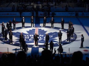 Former Toronto Maple Leafs forward Dave Keon is introduced to the crowd during a ceremony to mark the team's 100th season before their home opener against the Boston Bruins in Toronto on Oct. 15, 2016. (THE CANADIAN PRESS/Chris Young)