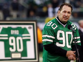 In this Oct. 28, 2012, file photo, former New York Jets player Dennis Byrd speaks during a halftime ceremony to retire his number during the second half of an NFL football game between the Jets and the Miami Dolphins, in East Rutherford, N.J. (AP Photo/John Minchillo, File)