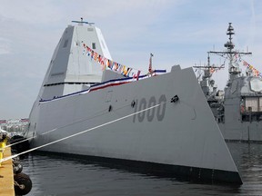 This Oct. 13, 2016 photo shows the U.S. Navy's newest guided-missile destroyer, the future USS Zumwalt, docked in Baltimore. The destroyer's commissioning ceremony is set for Oct. 15 during the inaugural Maryland Fleet Week. (AP Photo/Patrick Semansky)