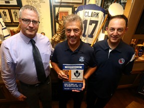 From left, authors Lance Hornby, Mike Wilson and Paul Patskou at the launch of the book,Inside the Room With the Ultimate Leafs Fan. (DAVE ABEL, Toronto Sun)