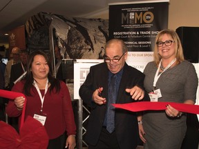 Trang Tran-Valade, left, deputy mayor Al Sizer and Jo-Anne Boucher officially launch the MeMO conference at the Radisson Hotel on Sunday.(Mary Katherine Keown/Sudbury Star)